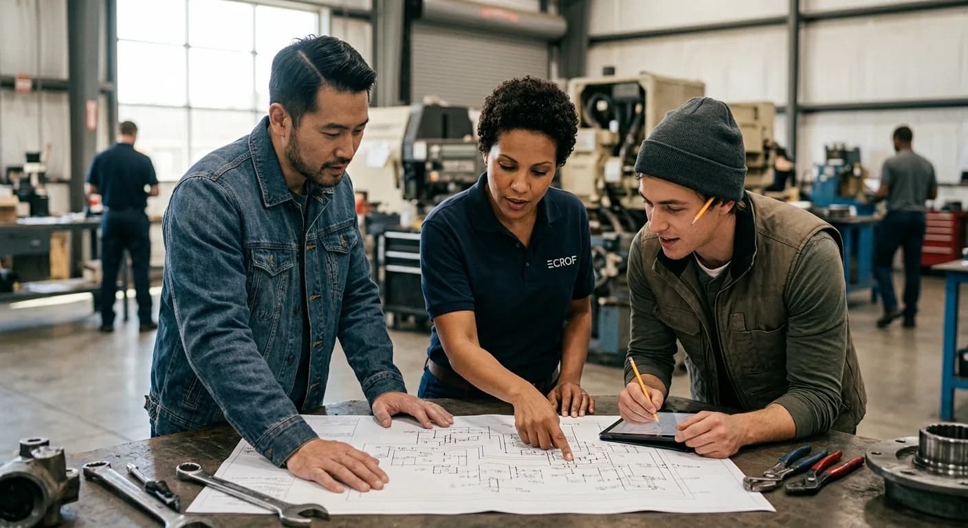Three team members leaning over a wiring schematic spread across a workbench in a machine shop. A supervisor in an Ecrof polo points to a detail on the drawing while a technician marks it up on a tablet.