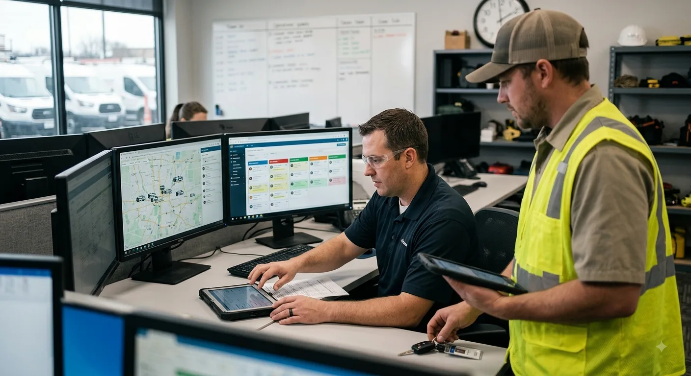A dispatcher at a two-monitor desk reviewing a live fleet map and a colour-coded job board while a technician in a hi-vis vest stands beside him holding a tablet and van keys, service vans visible through the window.