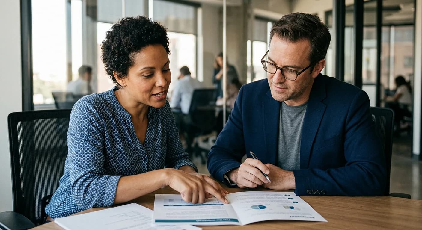 A salesperson and a prospective client sitting together at an office table, reviewing a printed proposal. She points to a chart on the page while he signs, and colleagues work at desks behind them.