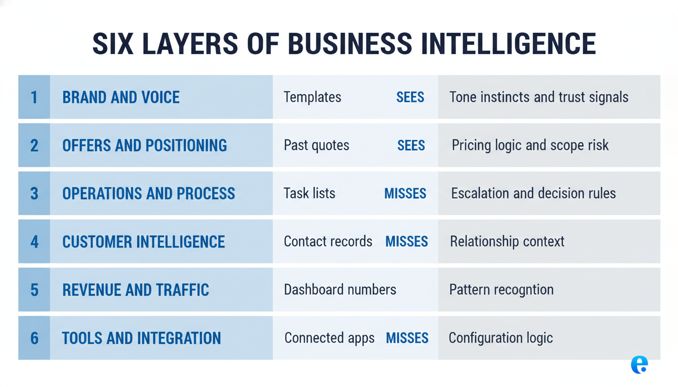 Seven layers of business intelligence showing what tools see versus what they miss