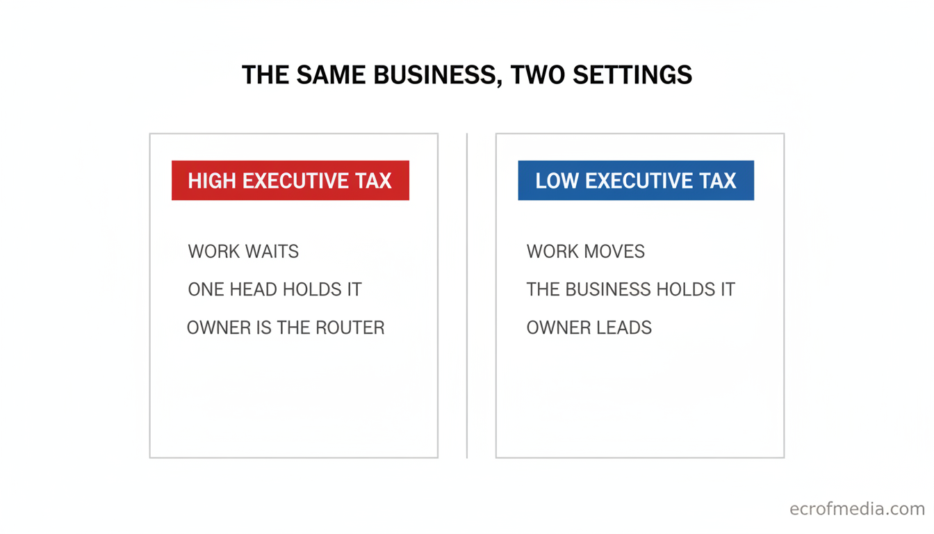 Two column comparison of a high Executive Tax business and a low Executive Tax business