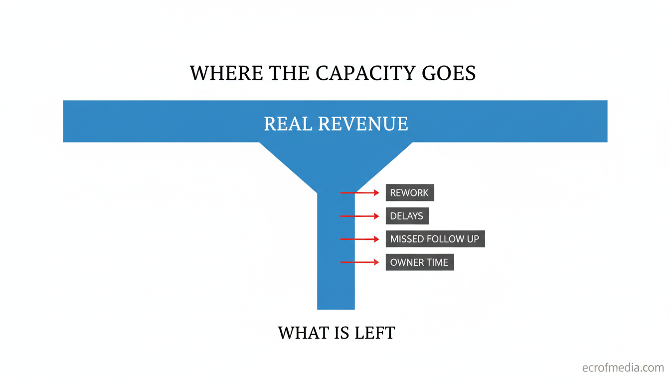 Funnel diagram showing real revenue narrowing through rework, delays, missed follow up and owner time into what is left