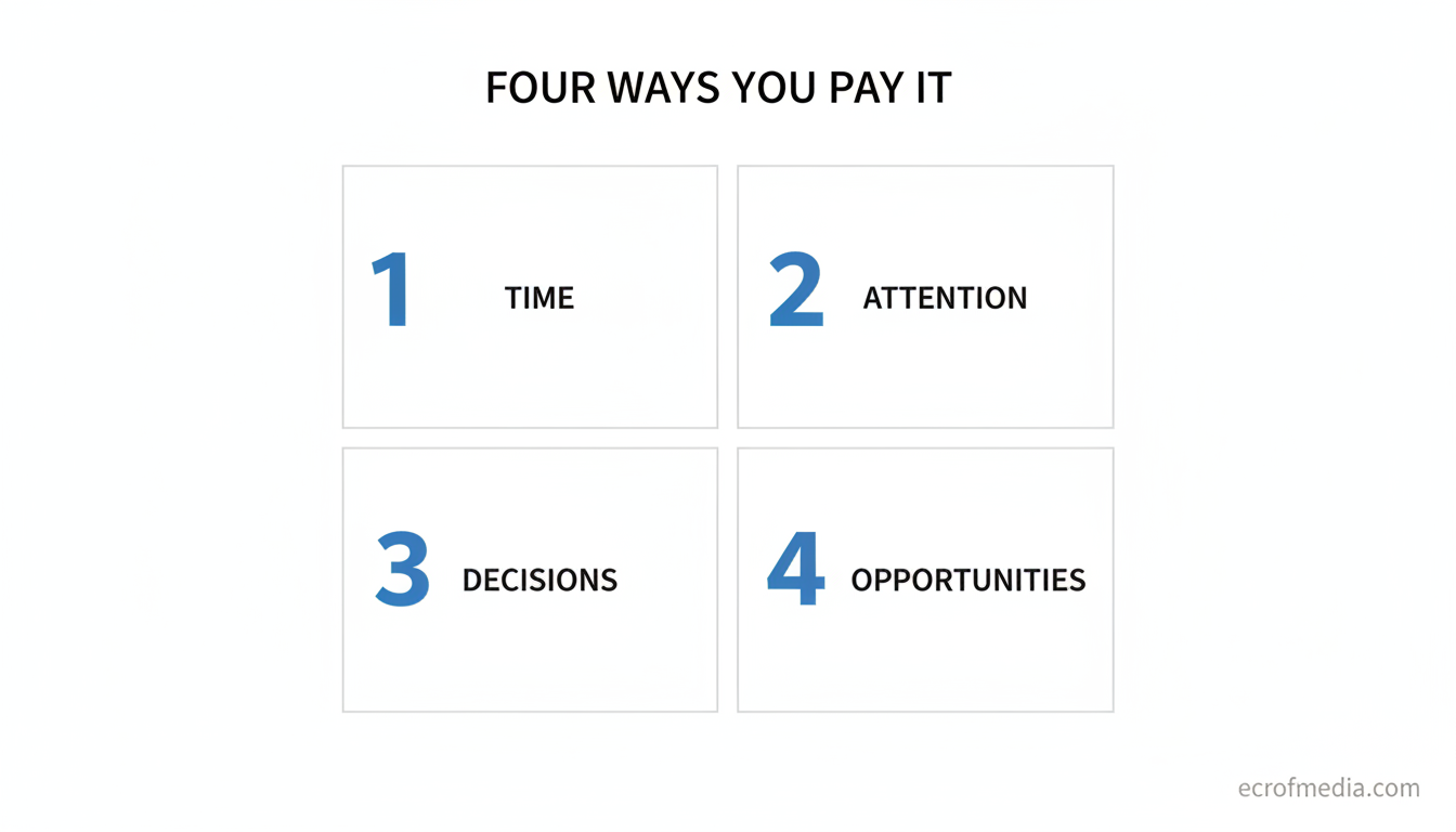 A two by two grid of the four ways Executive Tax is paid: time, attention, decisions and opportunities