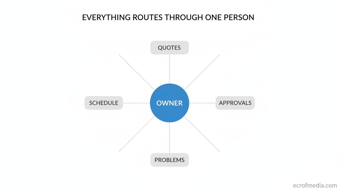 Hub and spoke diagram with the owner at the center and quotes, schedule, approvals and problems connected to them