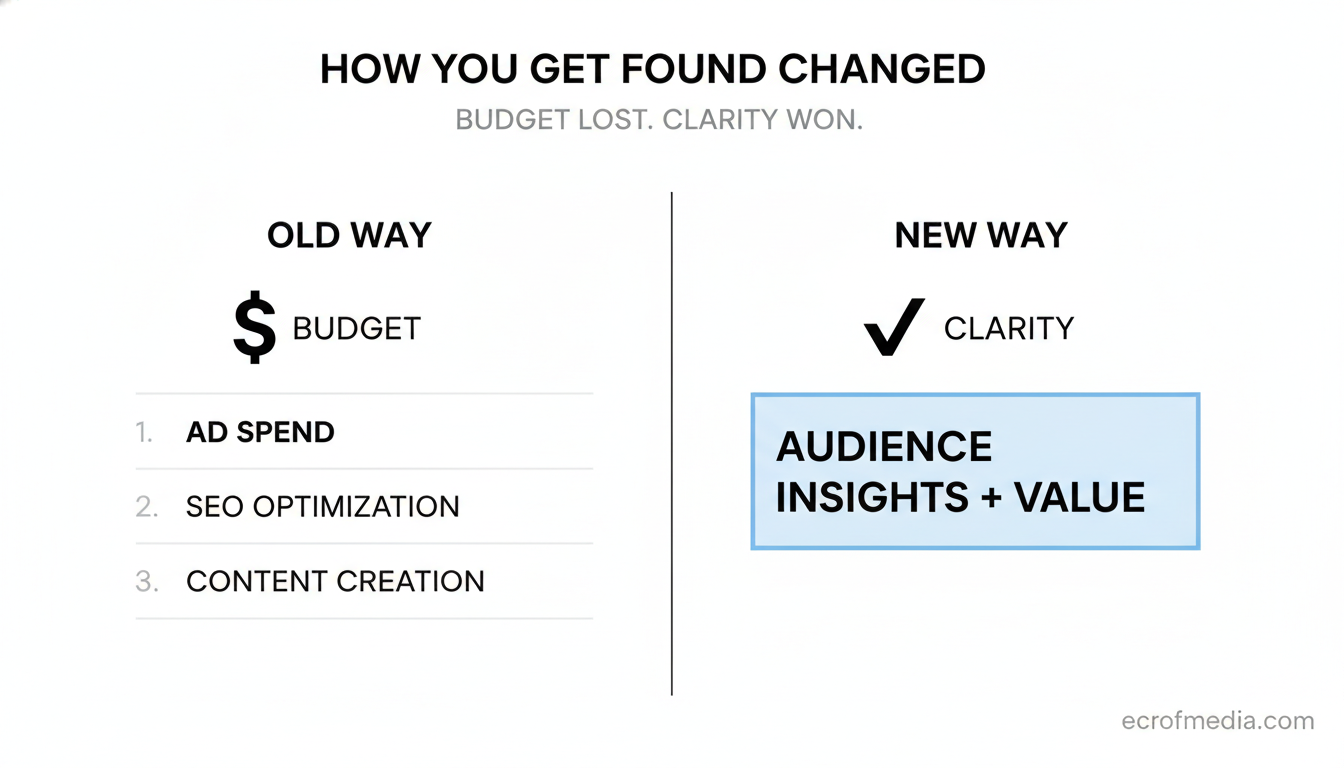 Two columns comparing the old way of being found by budget against the new way of being found by clarity