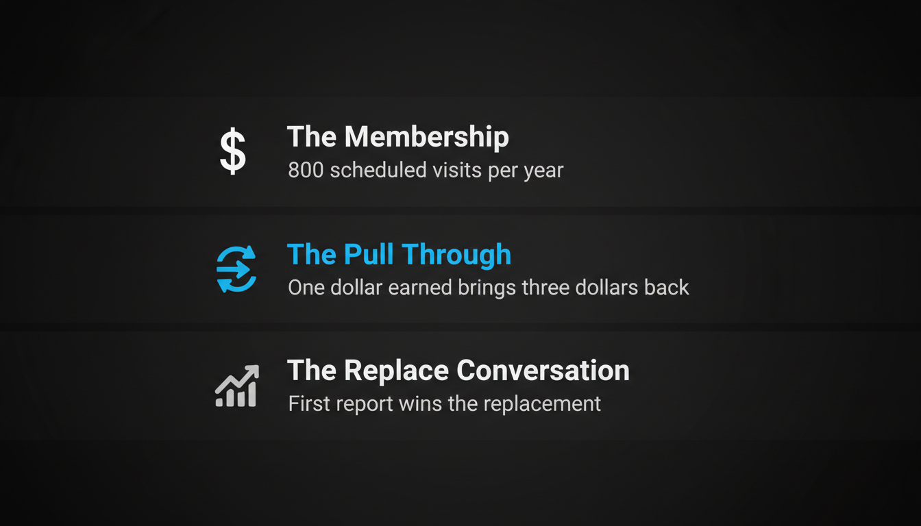 Diagram showing three layers of HVAC revenue: The Membership, The Pull Through, and The Replace Conversation