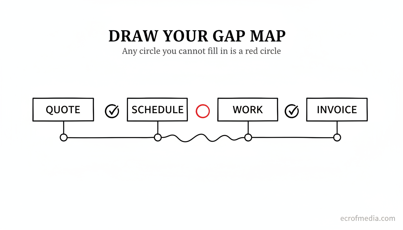 A hand drawn path of six boxes from call to paid, with circles between them, two of the circles empty and marked in red