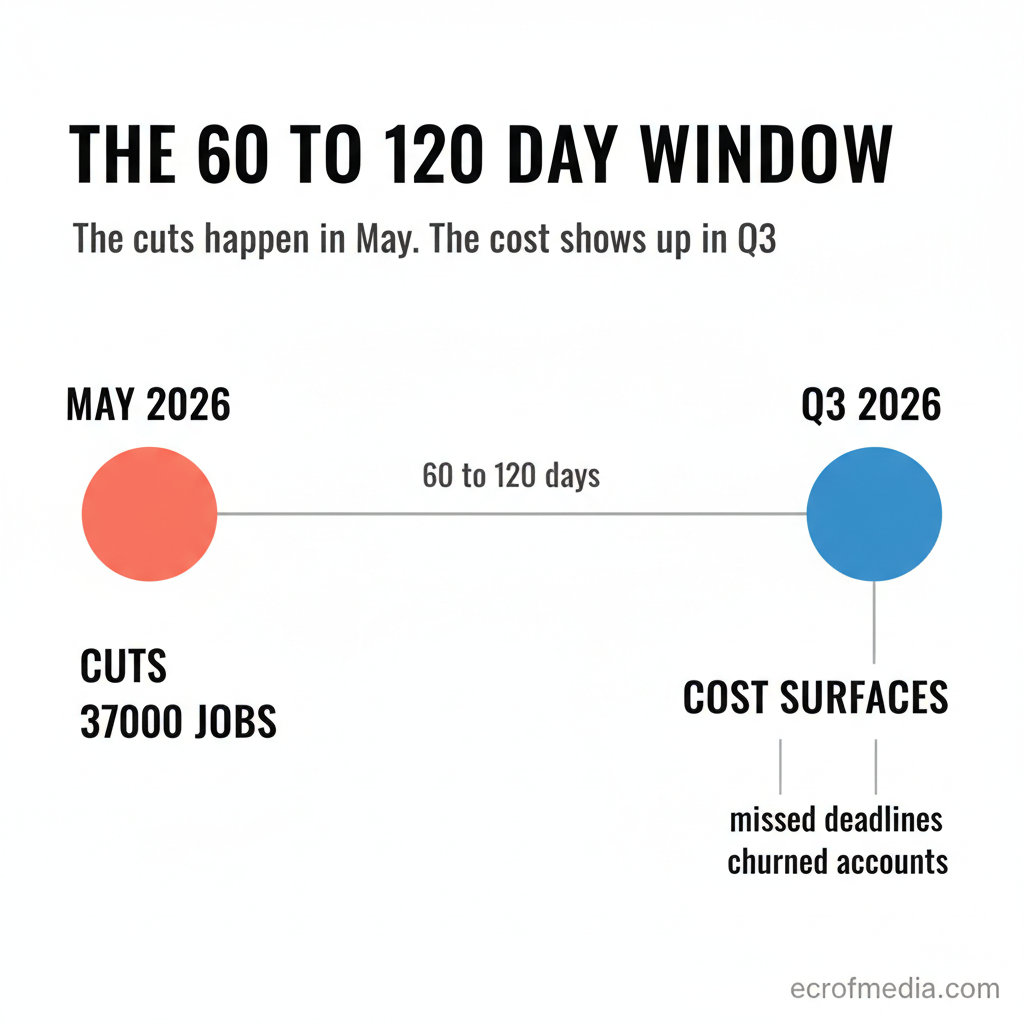Timeline showing layoff cuts in May 2026 with operational degradation surfacing in Q3 2026, after a silent 60 to 120 day window